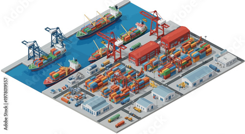 Isometric illustration of a busy cargo port 3D render featuring container ships, warehouses, and cranes, showcasing maritime logistics with a clean, modern design and a focus on global