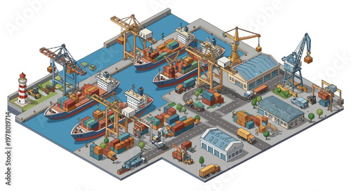 A 3D rendered isometric harbor illustration shows a bustling cargo port with container ships, cranes, and port warehouses, all rendered in an isometric view with a focus on maritime