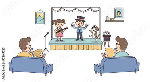 Cartoon children's talent show with girl playing ukulele magician performing dog family audience on sofas in drawing style