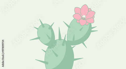 Cartoon prickly pear cactus with a blooming pink flower illustration cute desert plant with green pads and sharp spines isolated botanical art