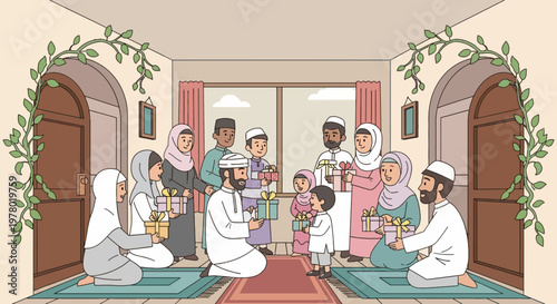 Cartoon Muslim family celebrating Eid exchanging gifts with festive indoor decor and traditional clothing in a colorful illustration