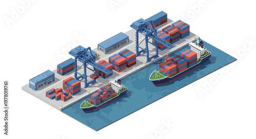 Isometric harbor illustration depicting a cargo port 3D render, complete with shipping port infrastructure and container ships being loaded by dock cranes, all set against a clean white