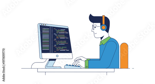Cartoon programmer working at the computer with headphones illustration; developer coding software on desktop workstation with dark color scheme