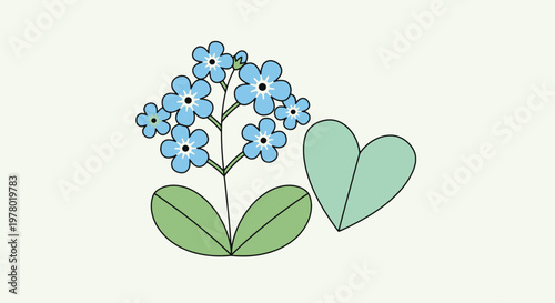 Charming forget-me-not flowers illustration featuring delicate blue petals black outlines and a fresh green heart-shaped leaf on a soft background