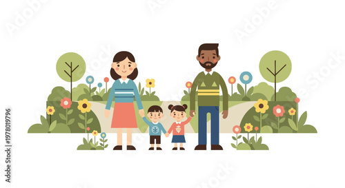 Cheerful family of four walking together in garden illustration with stylized trees flowers path and geometric patterned shirts