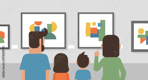 Family enjoying modern art exhibition parents and children viewing colorful geometric abstract paintings in an art gallery