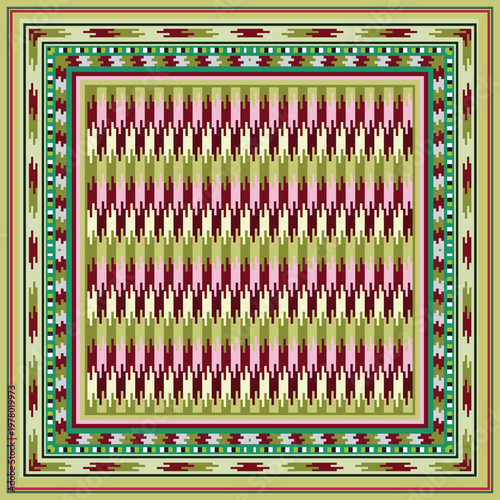 Tribal chevron scarf pattern in olive, maroon, and pink. Bold geometric design for textile, scarves, and home decorative.