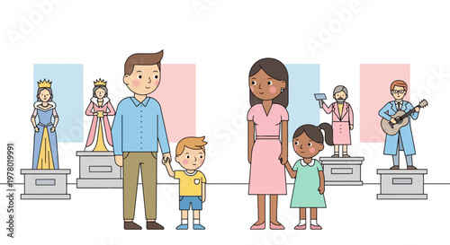 Family visiting art museum with queen statue and guitar player sculpture vector illustration in cartoon style