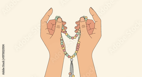 Illustration of hands holding prayer beads religious rosary with colorful beads faith and spirituality concept art in minimalist style