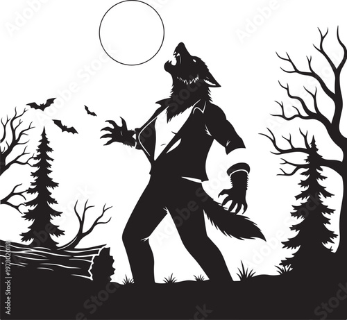 Silhouette of a werewolf howling at the full moon, Generative Ai