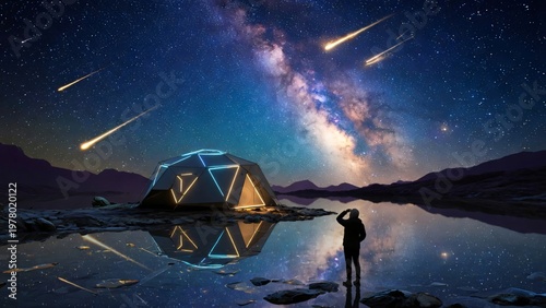 Uomo che osserva le stelle cadenti e la galassia vicino a una tenda.