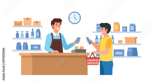 Man making a purchase at grocery checkout cashier handing a product to a customer in a shop cartoon vector illustration