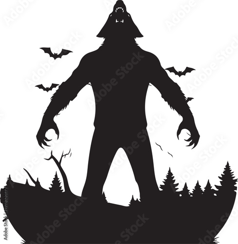 Silhouette of a werewolf in a forest at night, Generative Ai