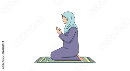Muslim woman kneeling in prayer on a rug digital vector illustration in soft blue and purple tones on a white background