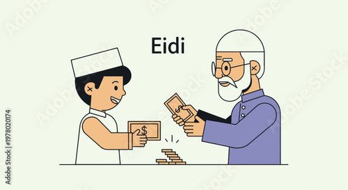 Muslim boy receiving Eidi banknotes from senior man illustration in flat design style celebrating Eid al-Fitr giving money as a holiday tradition