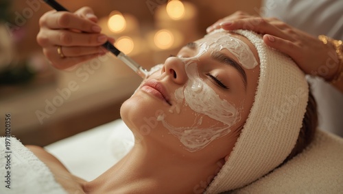 Skincare therapy session in spa with woman receiving facial mask treatment in warm relaxing environment promoting beauty wellness and rejuvenation concept