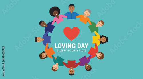 Diverse group of people holding hands around a heart symbolizing unity and love.