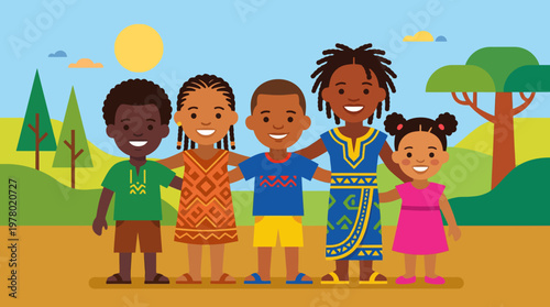 Diverse group of happy children standing together outdoors.