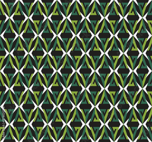 Modern green and white geometric pattern with layered triangles. Sharp seamless design for textiles and backgrounds.