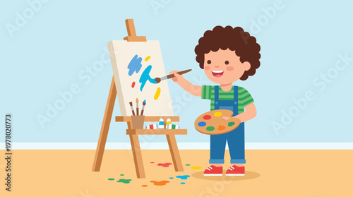 Young boy happily painting on an easel with colorful paints.