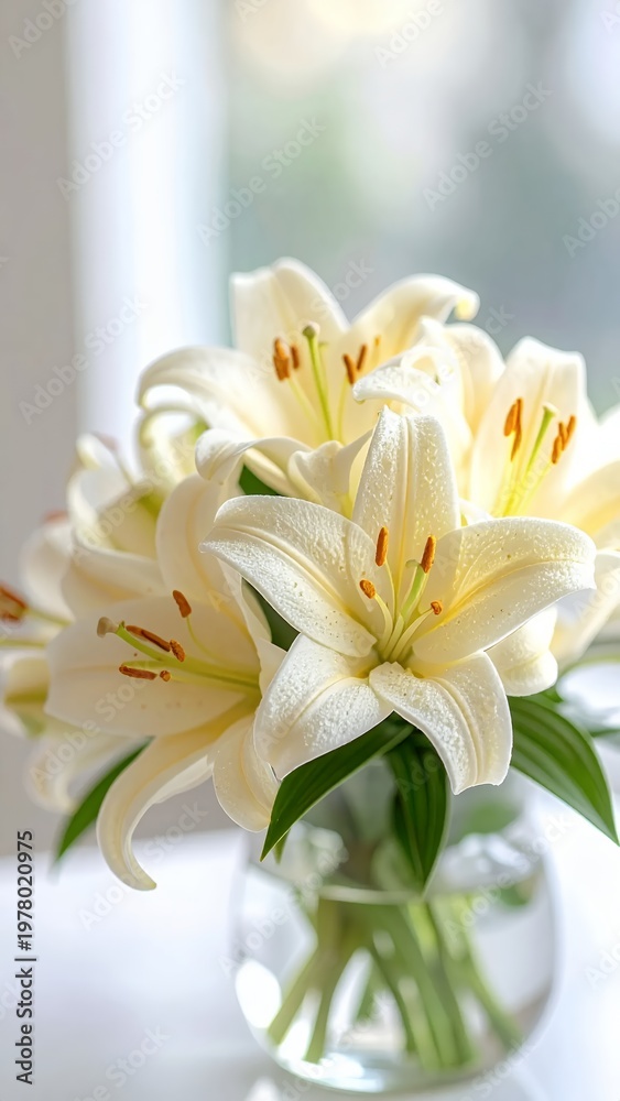Fototapeta premium Elegant white lilies in a clear glass vase bathed in soft natural light.