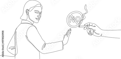 Woman makes a firm gesture to refuse a cigarette from another person in this simple continuous line art drawing style