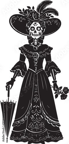 Victorian silhouette of a woman in a lavish dress and hat, Generative Ai