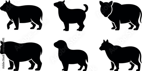 Farm animal silhouettes set minimal black vector illustration including cow dog pig sheep and livestock collection design use