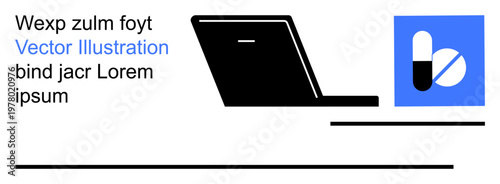 Technology, health apps, telemedicine, digital services, online pharmacy, remote work. Black laptop silhouette next to a blue medicine icon. Technology and health apps concept