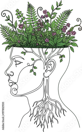Artistic line drawing of a human profile with vibrant plants growing out of the head representing natural mental health growth