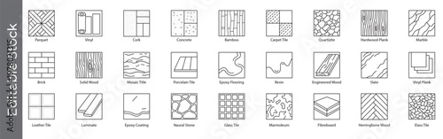 Flooring and tile material icon set – editable outline symbols of parquet, vinyl, wood, marble, stone, laminate and surface textures