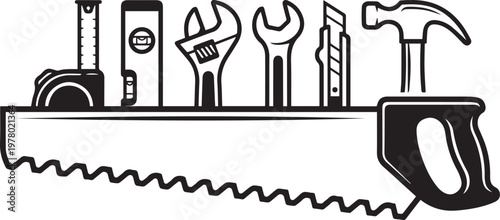 Black and white illustration of carpentry tools including tape measure level wrenches chisel hammer and saw symbolizing craftsmanship and labor