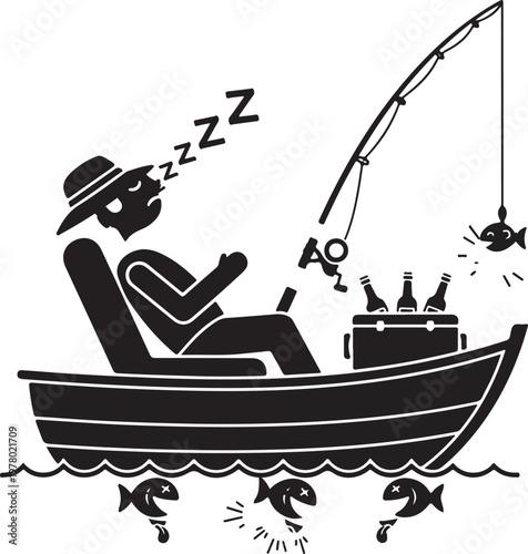 Silhouette of a man fishing in a boat silhouette, Generative Ai