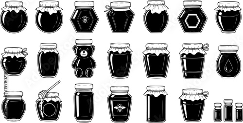 Detailed Black and White Vector Illustration Set of Honey and Jam Jars in Diverse Shapes, Including Bear Jar, Bees, and Honey Dipper