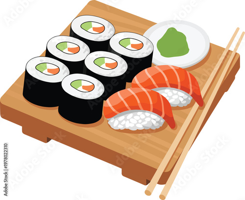 Assorted sushi set with salmon nigiri and maki rolls on a wooden serving tray with wasabi