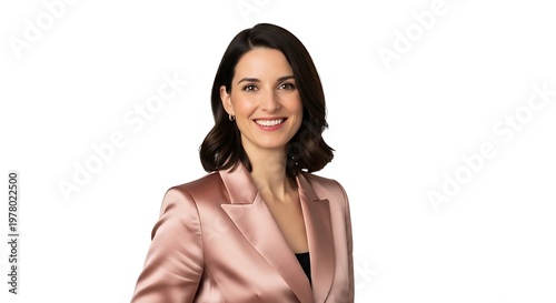 Young business woman smiling in a pink satin blazer looking at the camera against a white background for professional corporate headshot photography