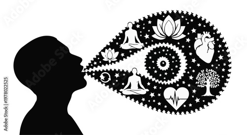 Silhouette of head exhaling symbols of health and well-being