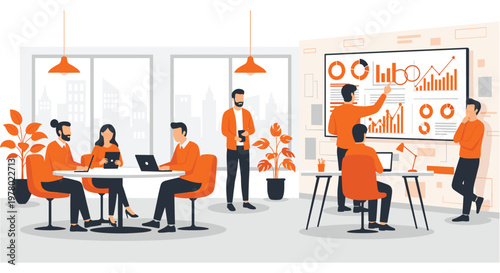 Business team collaboration in modern office with orange color scheme in flat design for corporate branding