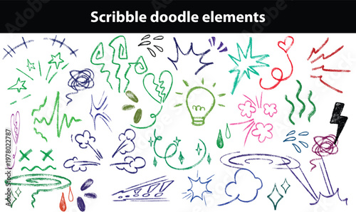 Scribble doodle elements for poster, social media. Handwritten love, mad, irritation, anger doodles. Rough emotional hand drawn ball pen sketch grunge illustrations. Chaotic freehand pencil drawings