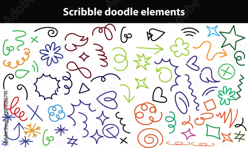 Scribble doodle elements for poster, social media. Handwritten love, mad, irritation, anger doodles. Rough emotional hand drawn ball pen sketch grunge illustrations. Chaotic freehand pencil drawings
