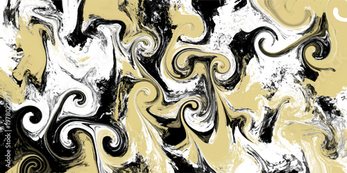 Complex gold and black marble pattern with multiple fluid ink swirls. This detailed abstract vector design creates a rich background for premium digital and print media.