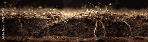 Wallpaper Mural Close-up cross-section of soil showing intricate root systems and tiny seedlings sprouting in dim light. Torontodigital.ca
