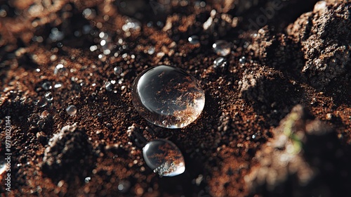 Wallpaper Mural Close-up of water droplets resting on rich, dark soil with intricate textures and glistening light reflections. Torontodigital.ca
