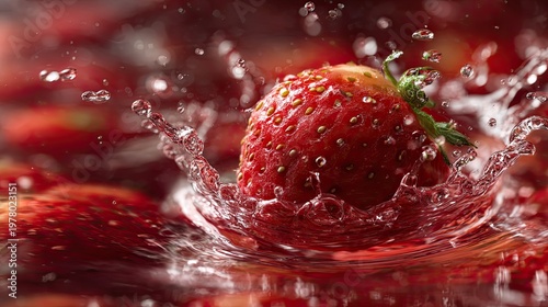 Wallpaper Mural A fresh strawberry splashes into vibrant red liquid, creating dynamic water droplets and ripples with vivid detail and motion. Torontodigital.ca