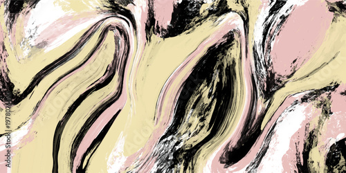 Abstract colorful pink yellow and black fluid liquid marble texture background. The dynamic wavy acrylic paint pour pattern brings vibrant style to modern design.
