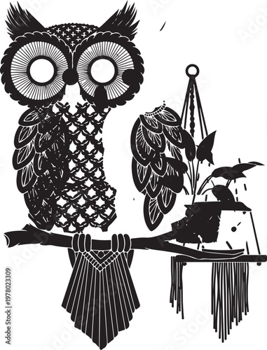 Owl silhouette perched beside a hanging plant, Generative Ai