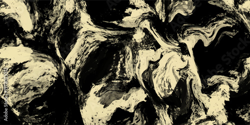 Abstract black and gold fluid liquid marble texture background. This dark grungy acrylic paint pour pattern creates a striking luxury graphic design backdrop.