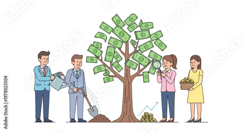 Business team cultivating monetary growth: watering money tree analyzing return on investment reaping rewards in flat vector design
