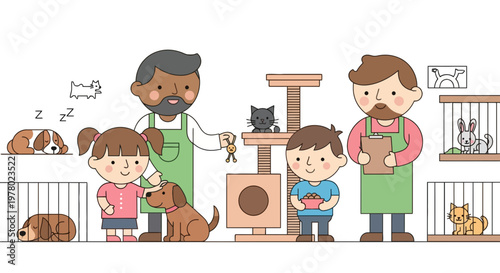 Cartoon illustration of children visiting a pet shelter with dogs cats and rabbits showcasing adoption and animal care with friendly staff