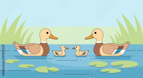 Cartoon illustration of a duck family swimming in a pond with lily pads and tall grass against a light blue background on a sunny day